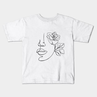 Minimal woman line art. One line woman face with rose flower. Kids T-Shirt